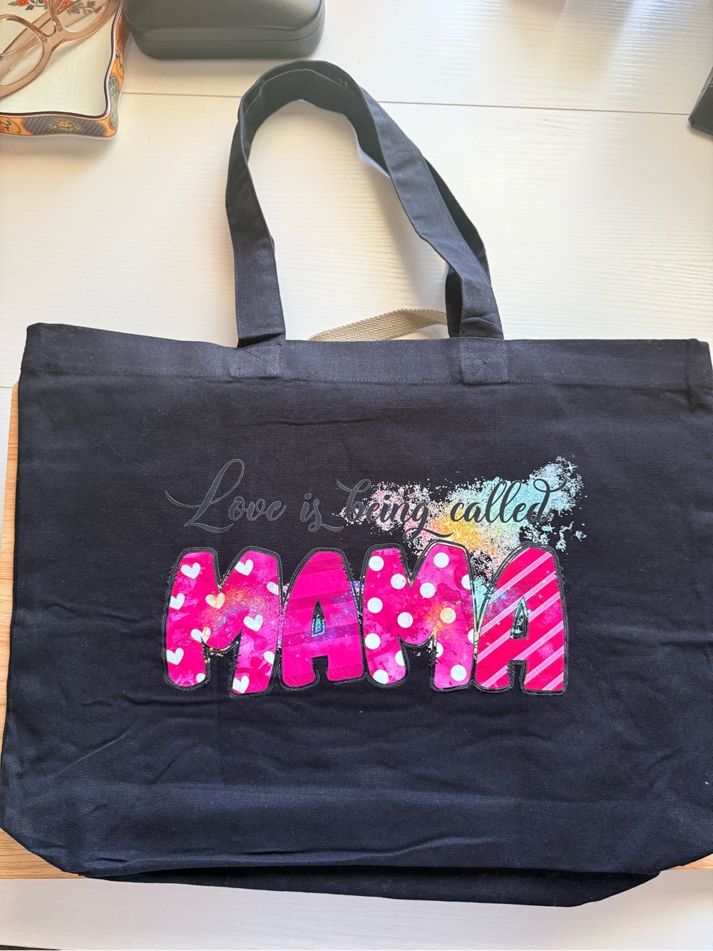 Black Tote Bag with Pink 'MAMA' Graphic